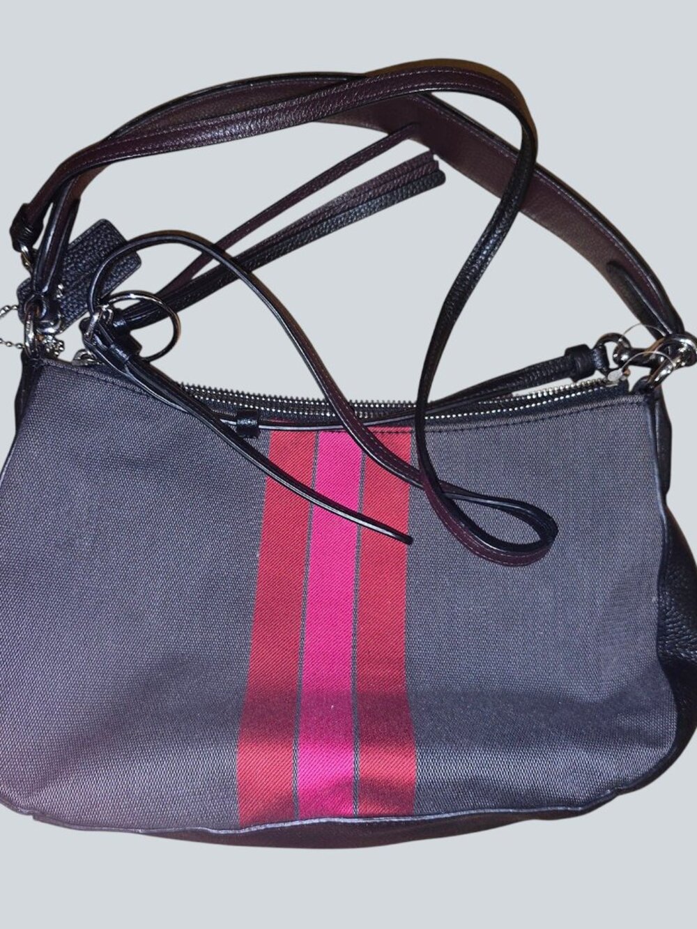 COACH Horse and Carriage Jacquard Sutton Crossbody Bag Gray Pink Red Stripe image 3